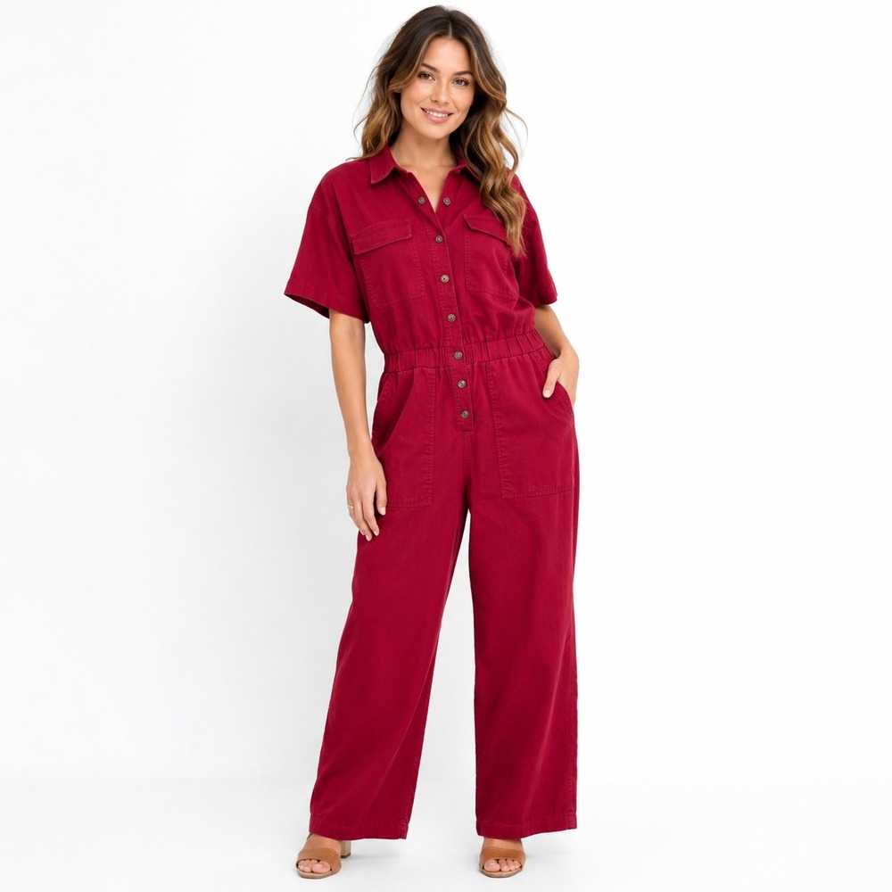 Universal Thread Utility Boiler Suit Women 10 Red Short Sleeve Jumpsuit Workwear